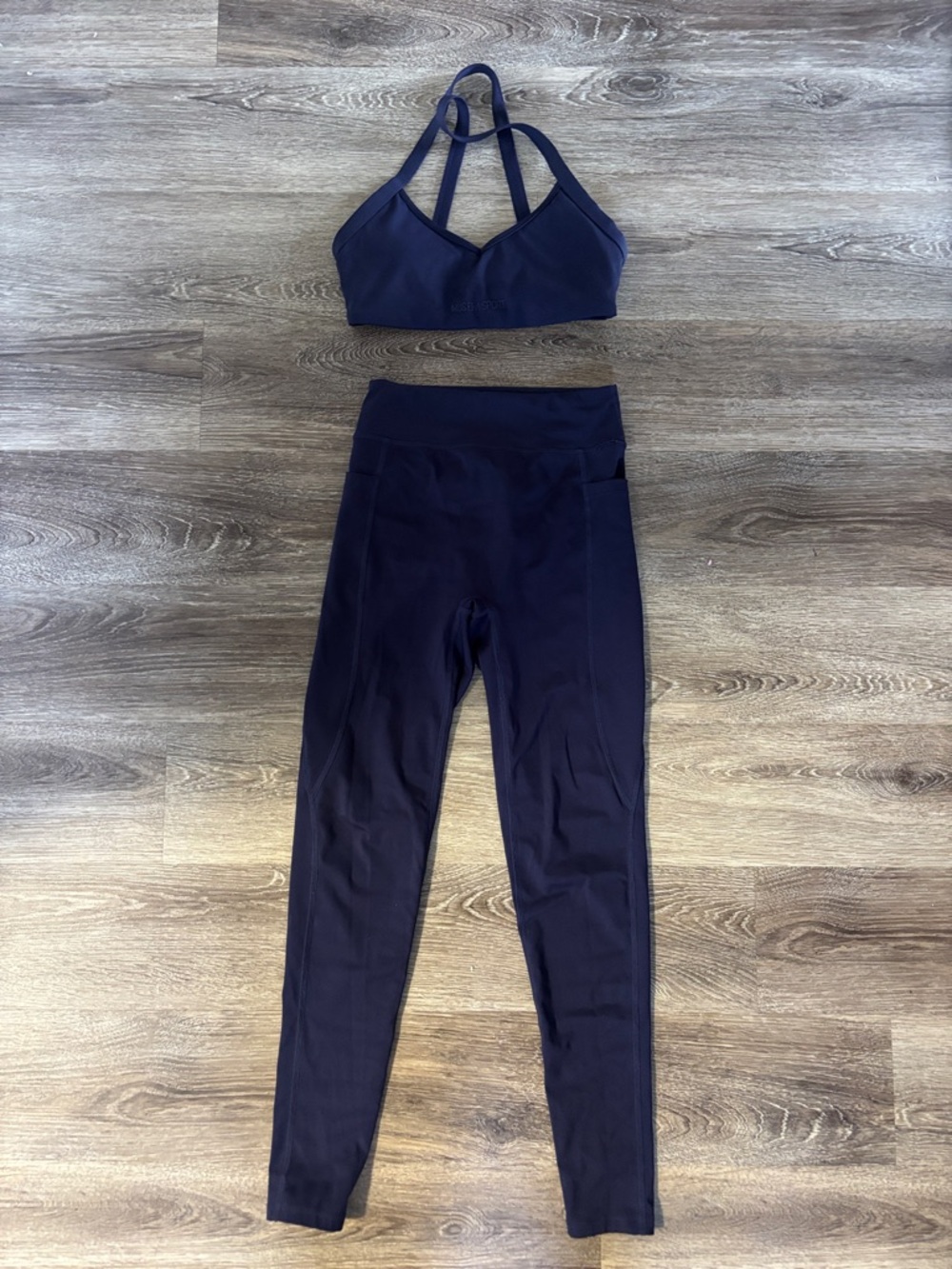 High-Rise Navy Performance Leggings with Matching Strappy Sports Bra